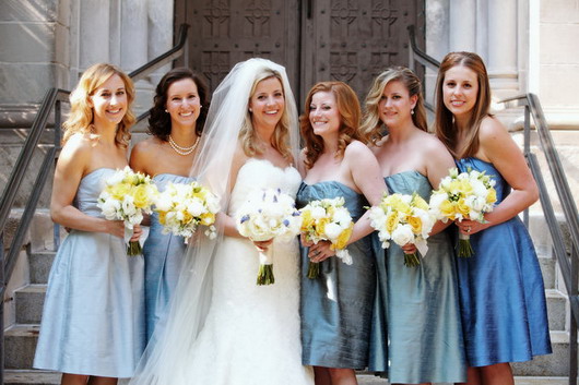 Blue themed Bridesmaid dresses photo with yellow and white bouquets