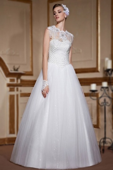 Classique Robe de mariée princesse en tulle bustier coeur brodée de sequins & bijoux