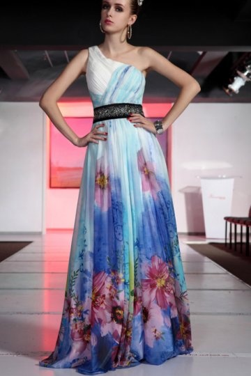 Robe de soirée moulante asymétrique Ligne A ornée de strass avec impression en Tencel