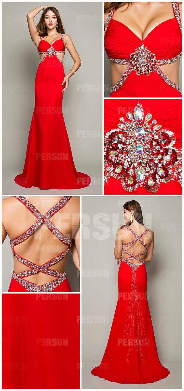Robe de soirée moulante avec bretelle fine ornée de strass en Mousseline