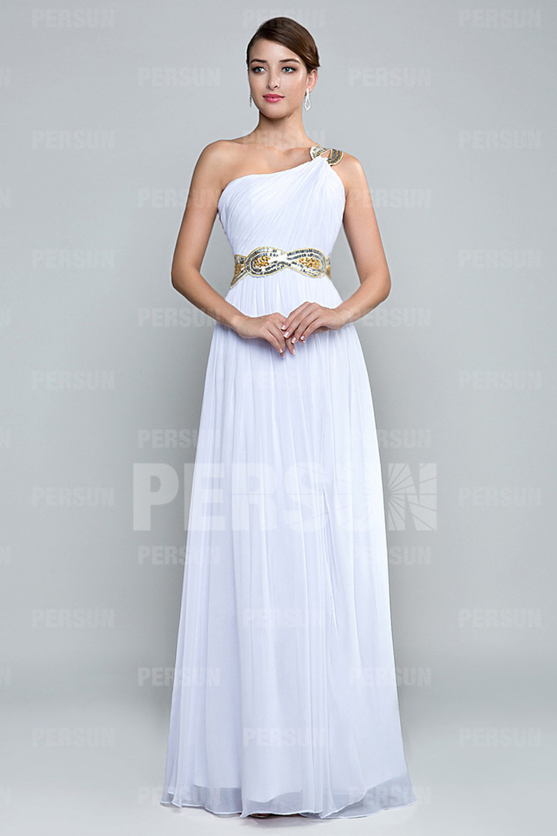 Elegante Robe de soirée fendue encolure asymétrique en mousseline blanche