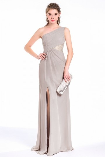 Robe cocktail fendue asymétrique grise taupe à côte dentelle