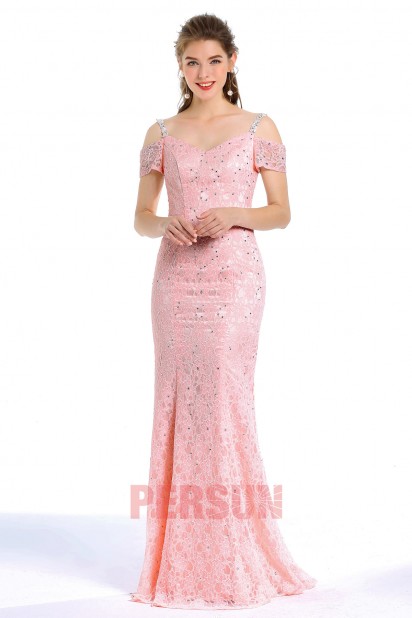 Robe de soire rose sirne embellie de strass en dentelle