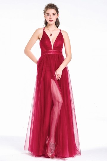 robe de soirée rouge sexu longue col en V