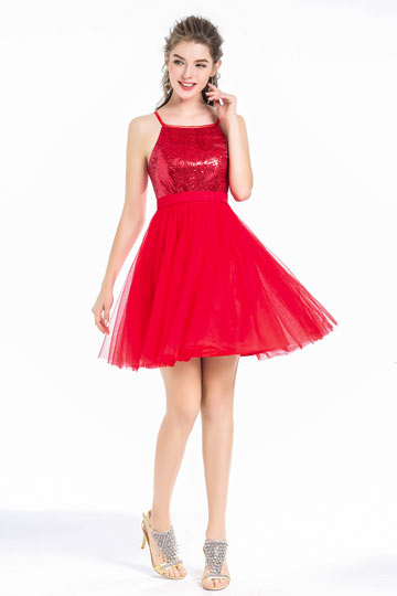 Robe courte patineuse sequin rouge et sandales argenté & strassé