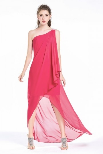 Robe asymétrique courte devant couleur framboise ourlet irrégulier pour cocktail