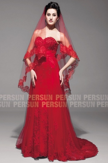 Red A-line Wedding Dress with Red veils