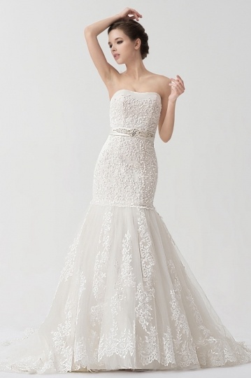 Mermaid Lace appliqué Strapless Wedding Dress