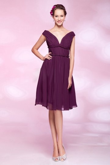 Femme robe de cocktail col en v pourpre en mouseline