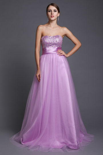 Robe de bal lilac Empire Ligne A décolleté en cœur ornée de paillette