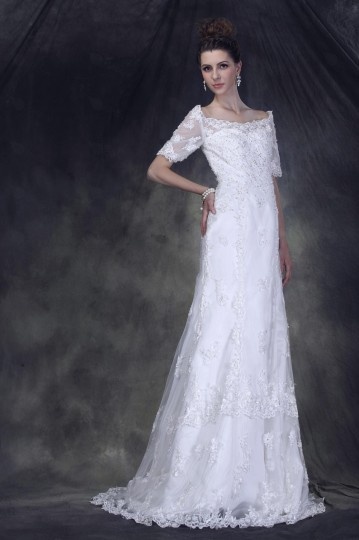 Robe de mariée vintage à encolure bateau et manche courte du style luxe