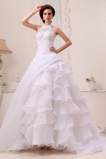 Robe de mariée longue encolure ras de cou Linge A en organza à volant