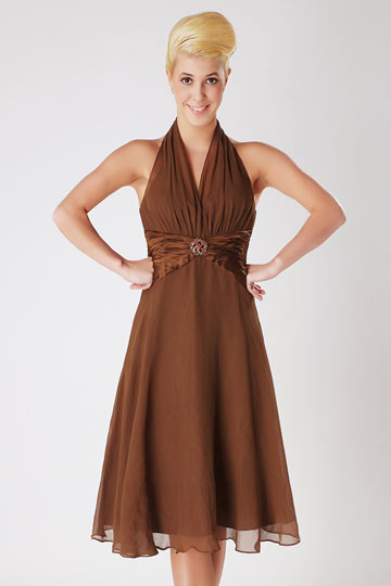 Robe marron courte col amricain en mousseline