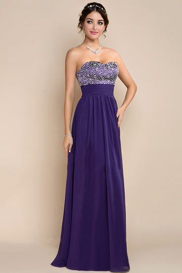 Robe longue violette bustier coeur à paillettes taille empire en mousseline