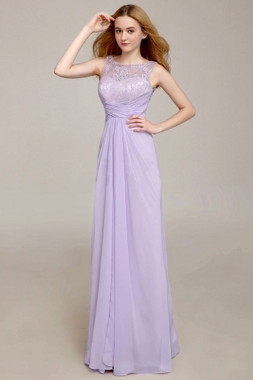 Robe cortège mariage femme empire longue à haut en dentelle lilas