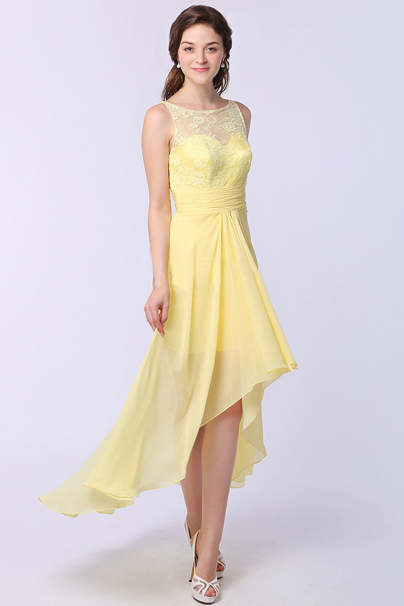 Robe jaune court devant long derrière bustier dentelle pour mariage