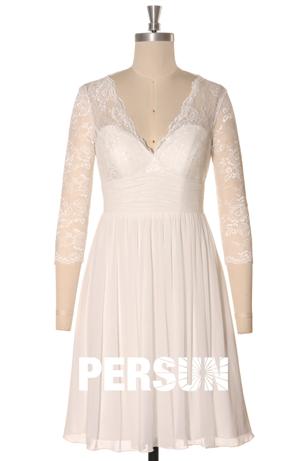 Empire Short Wedding Dress with lace sleeves in Silky Chiffon