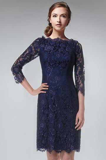 Robe de soirée courte dentelle bleu marine à manche mi longue
