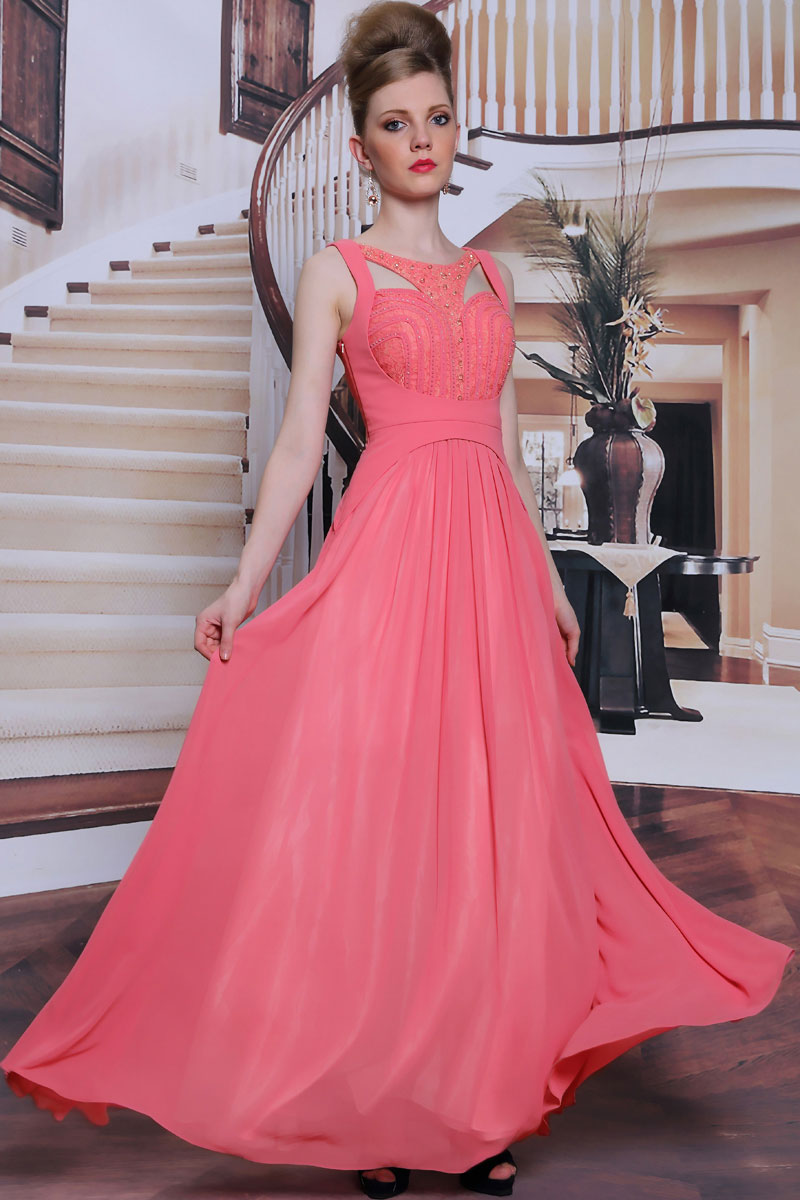 Robe cocktail longue en mousseline à découpe Persun.fr