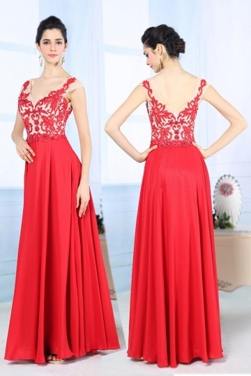 Robe de gala rouge col en V à mancheron