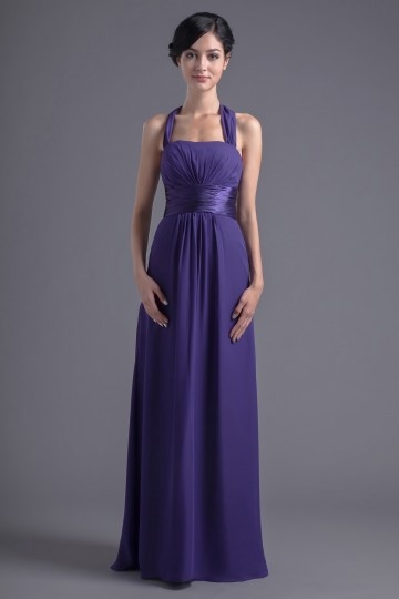 Robe demoiselle d'honneur violette simple Empire avec bretelles au cou Ligne A