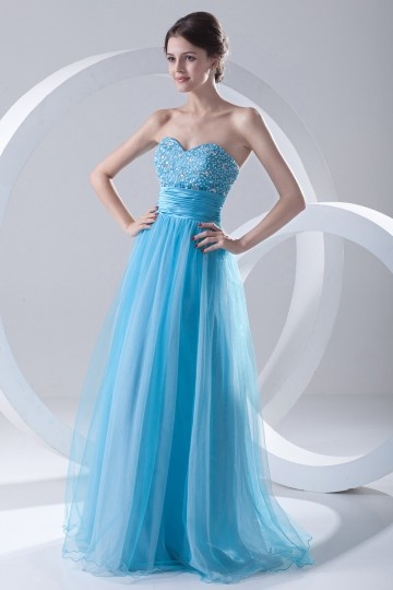 Robe bleu bustier coeur Empire parsemée de bijoux